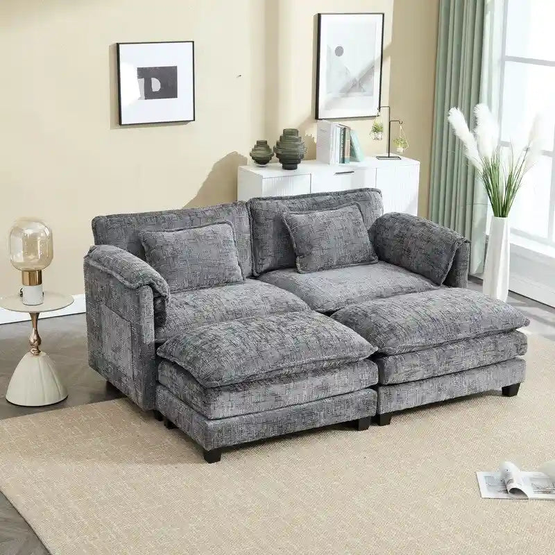 76.77 Chenille Upholstered Sofa with 2 Ottomans