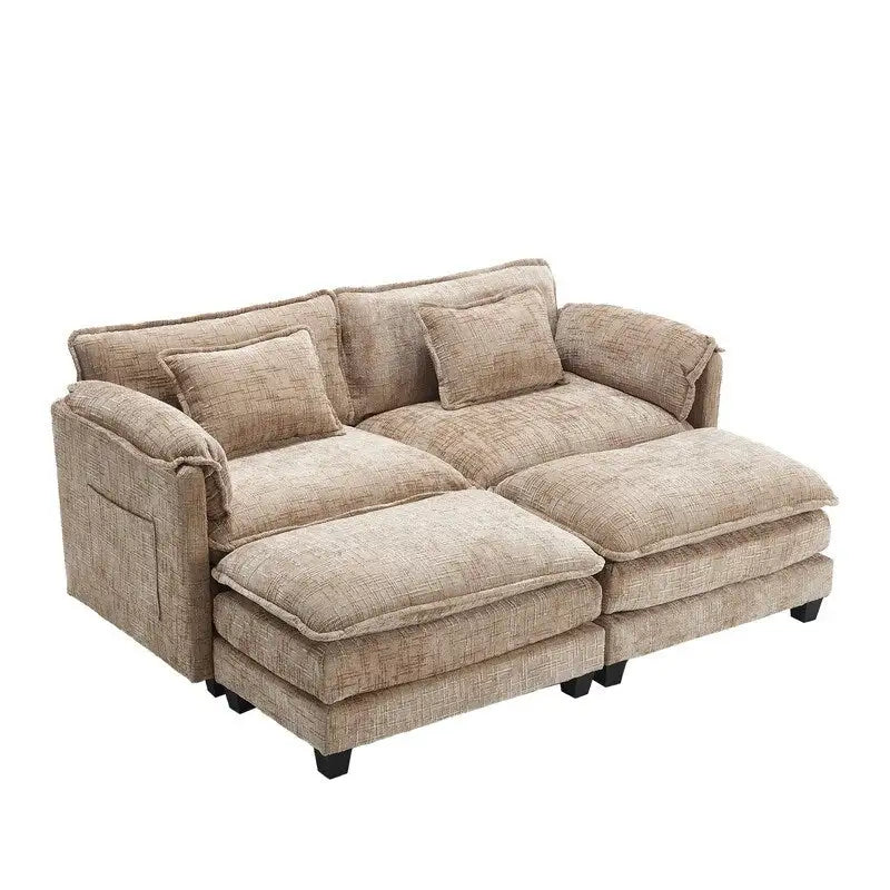 76.77 Chenille Upholstered Sofa with 2 Ottomans