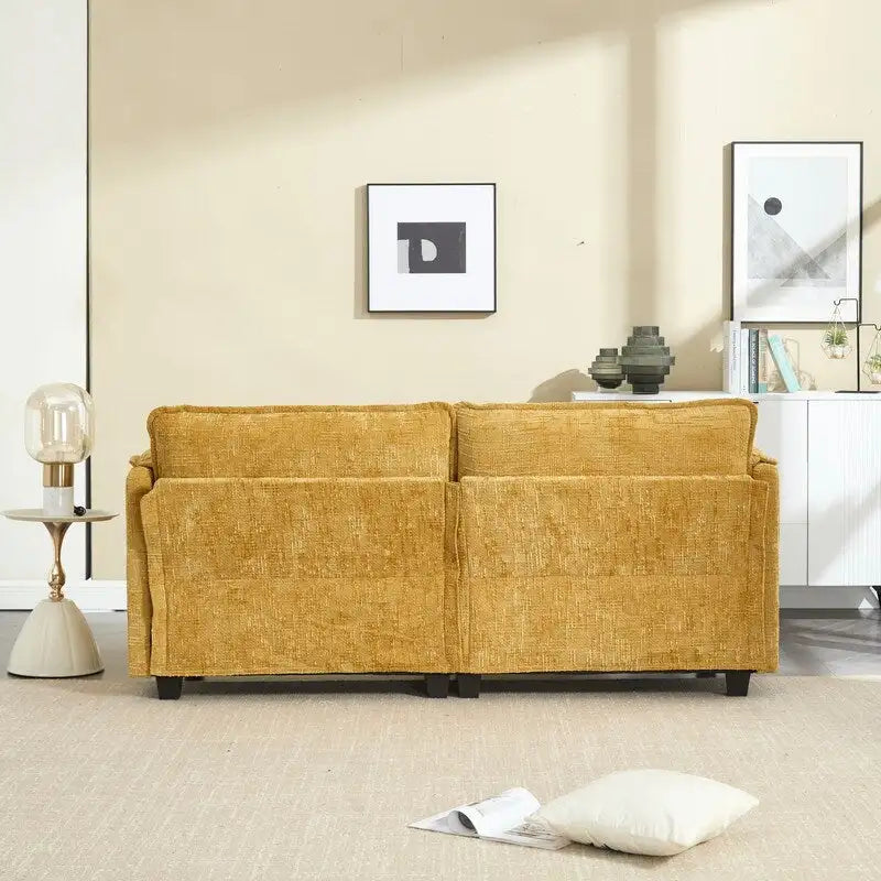 76.77 Chenille Upholstered Sofa with 2 Ottomans