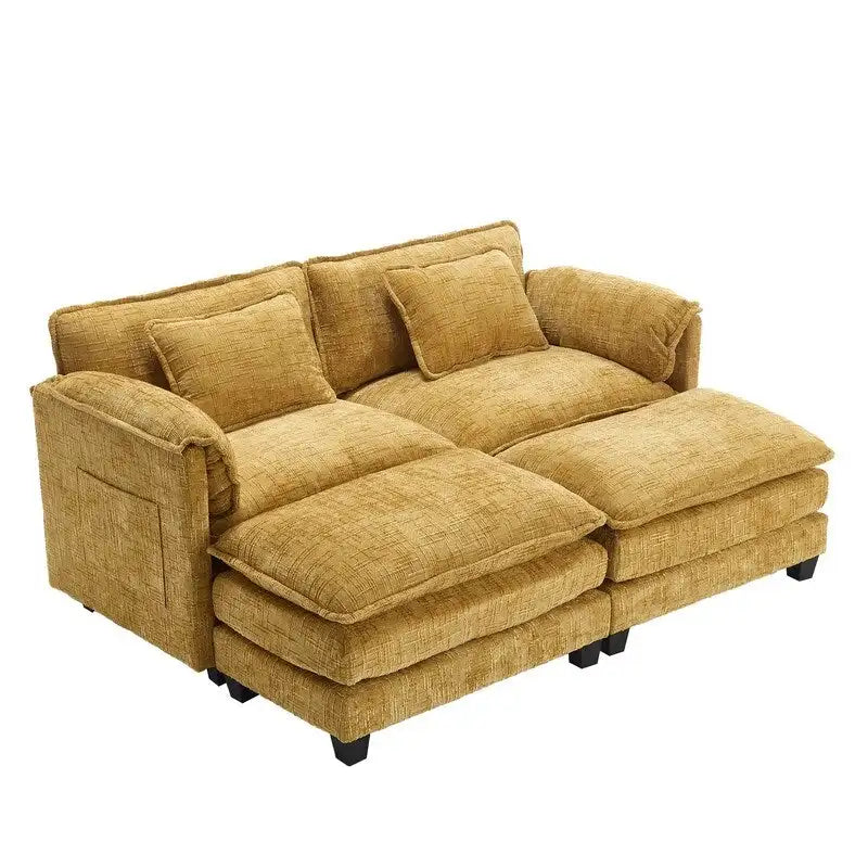 76.77 Chenille Upholstered Sofa with 2 Ottomans