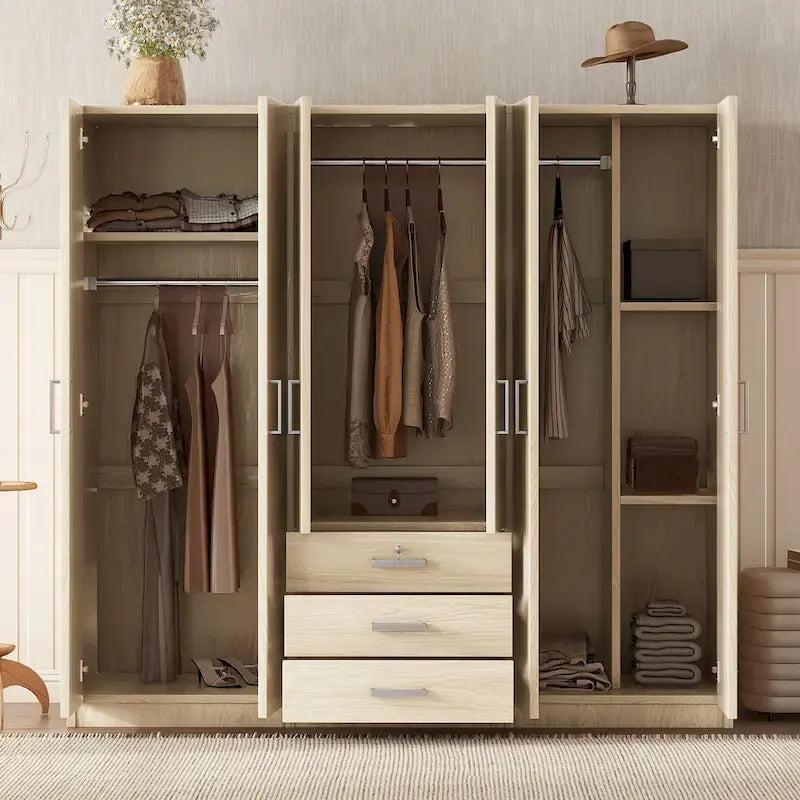 6-Doors Wooden Wardrobe Storage with 3 Big Drawers for Bedroom