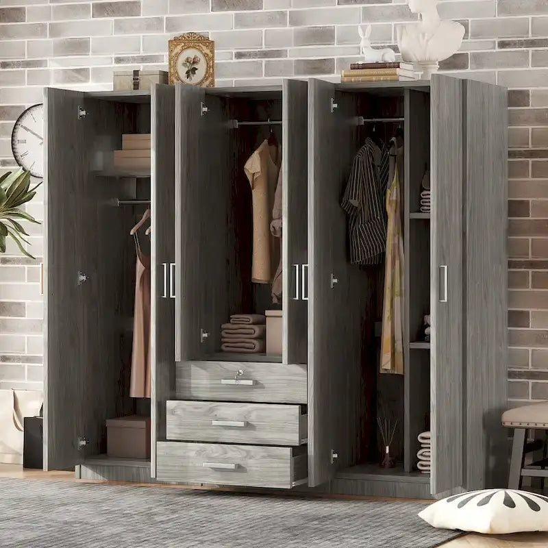6-Doors Wooden Wardrobe Storage with 3 Big Drawers for Bedroom