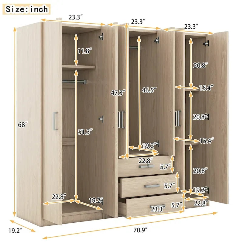 6-Doors Wooden Wardrobe Storage with 3 Big Drawers for Bedroom