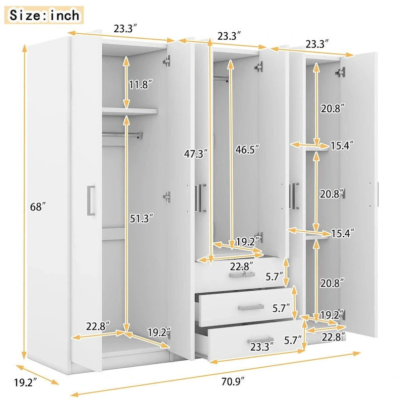 6-Doors Wooden Wardrobe Storage with 3 Big Drawers for Bedroom