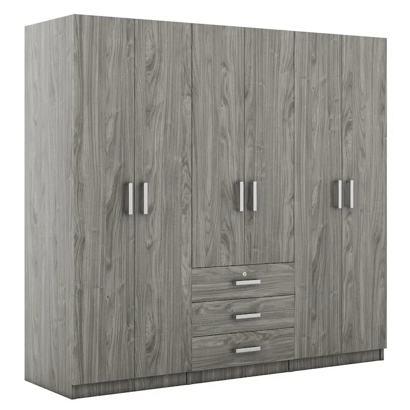 6-Doors Wooden Wardrobe Storage with 3 Big Drawers for Bedroom