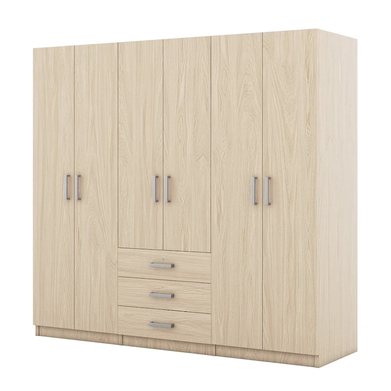 6-Doors Wooden Wardrobe Storage with 3 Big Drawers for Bedroom