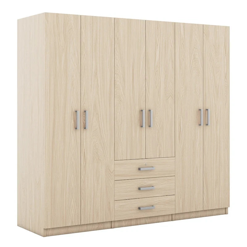 6-Doors Wooden Wardrobe Storage with 3 Big Drawers for Bedroom
