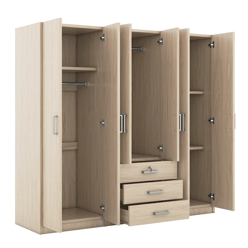 6-Doors Wooden Wardrobe Storage with 3 Big Drawers for Bedroom