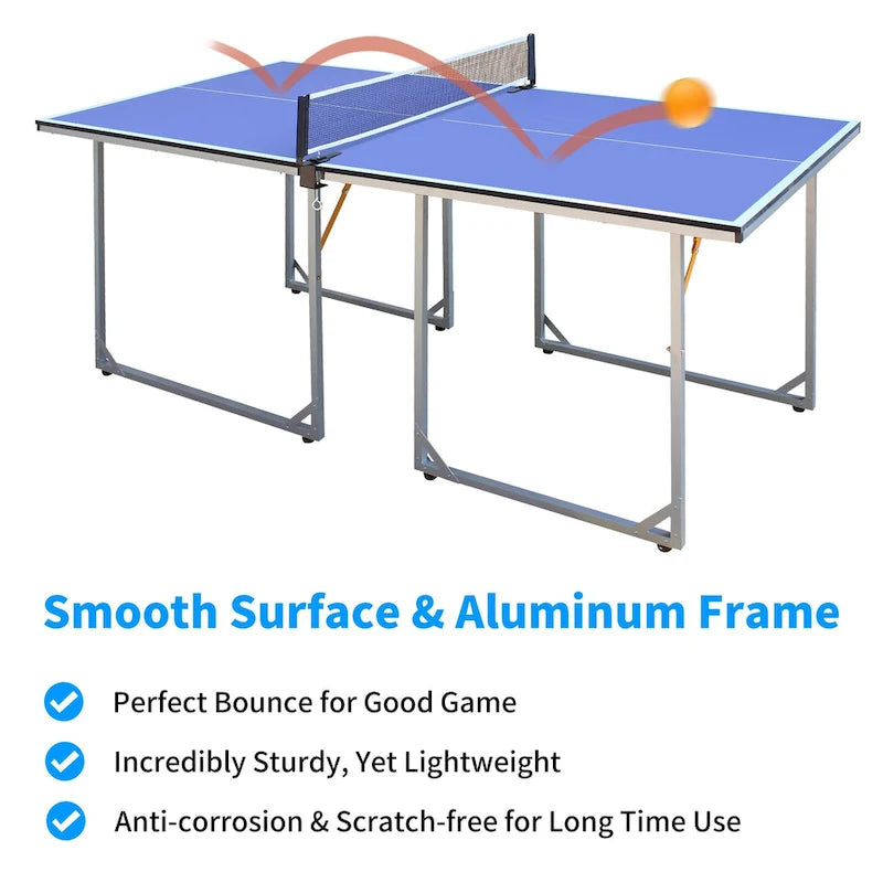 6Ft Mid-Size Table Tennis Table Foldable & Portable Ping Pong Table Set For Indoor & Outdoor Games With Net