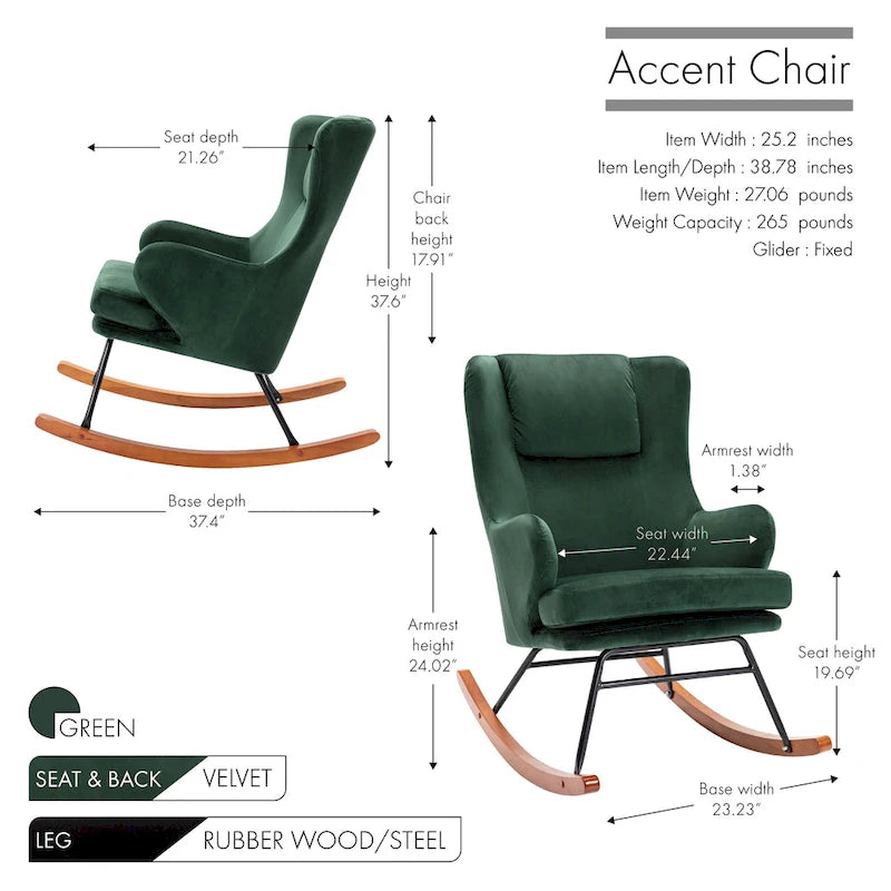 Porthos Home Dax Rocking Accent Chair, Velvet, Rubber Wood and Steel Legs