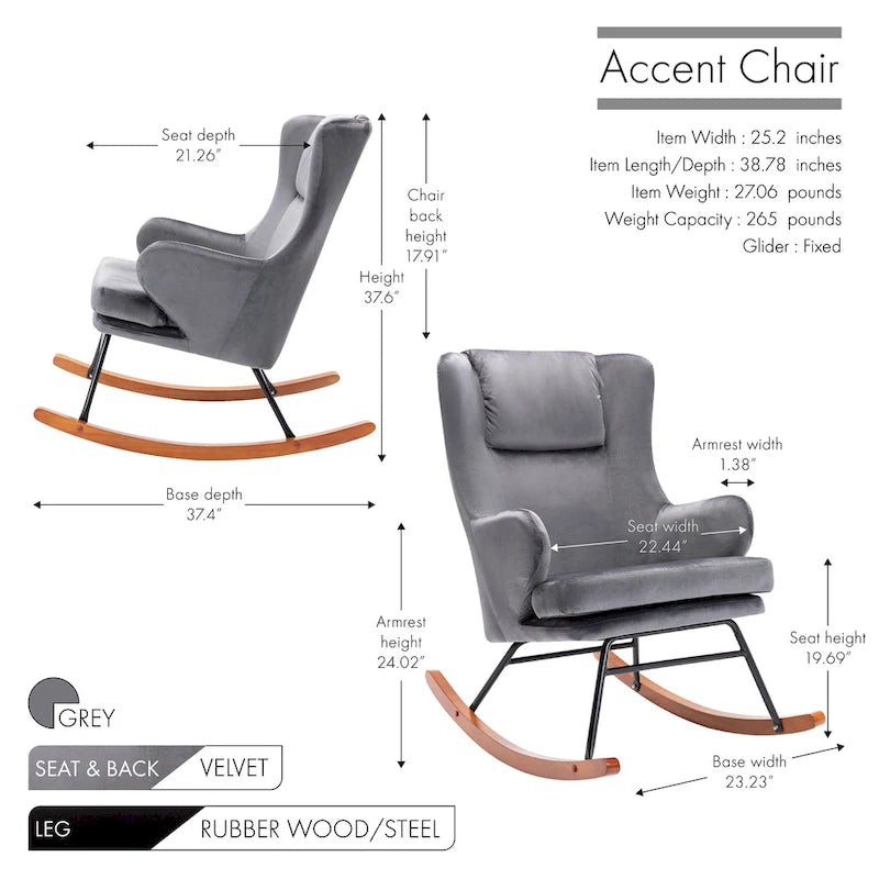 Porthos Home Dax Rocking Accent Chair, Velvet, Rubber Wood and Steel Legs