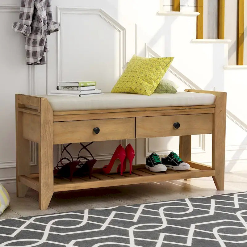 Shoe Rack with Cushioned Seat and Drawers, Multipurpose Entryway Storage Bench