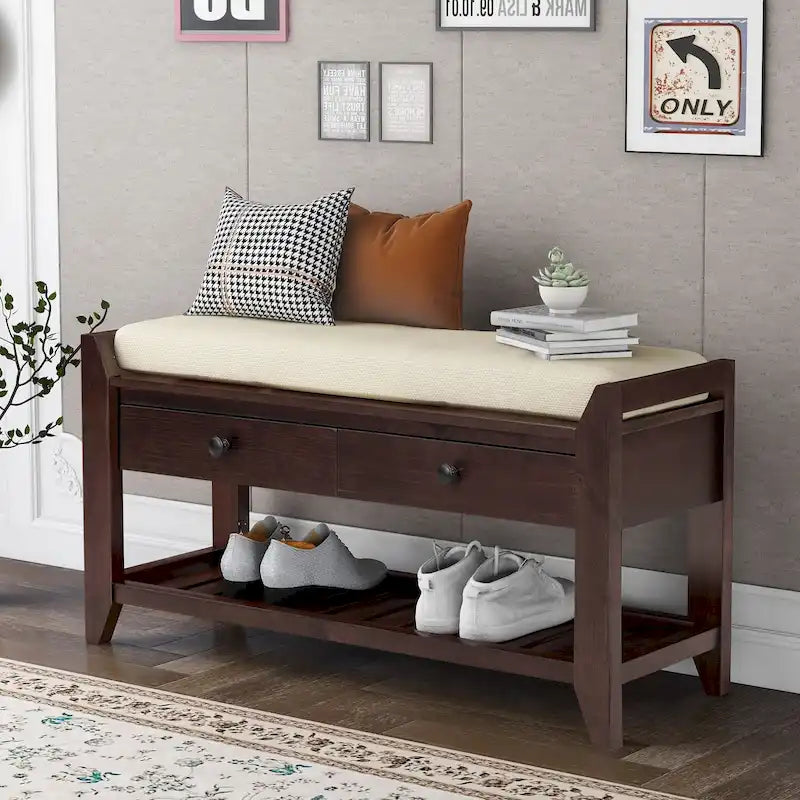 Shoe Rack with Cushioned Seat and Drawers, Multipurpose Entryway Storage Bench