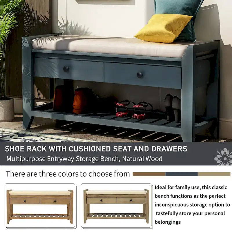 Shoe Rack with Cushioned Seat and Drawers, Multipurpose Entryway Storage Bench