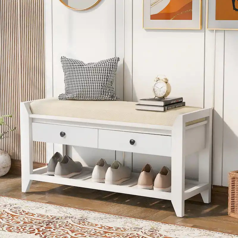 Shoe Rack with Cushioned Seat and Drawers, Multipurpose Entryway Storage Bench