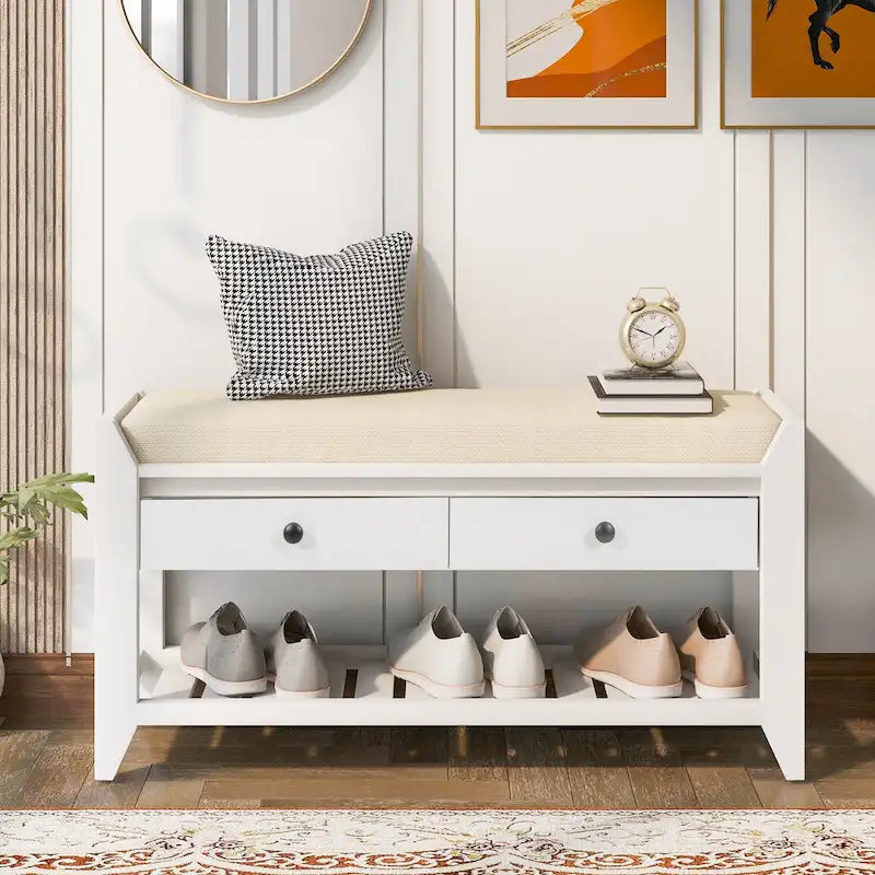 Shoe Rack with Cushioned Seat and Drawers, Multipurpose Entryway Storage Bench