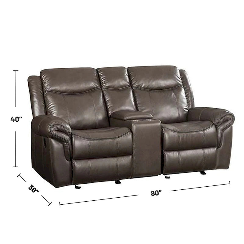 Leather Motion Loveseat with Console and USB Port in Brown