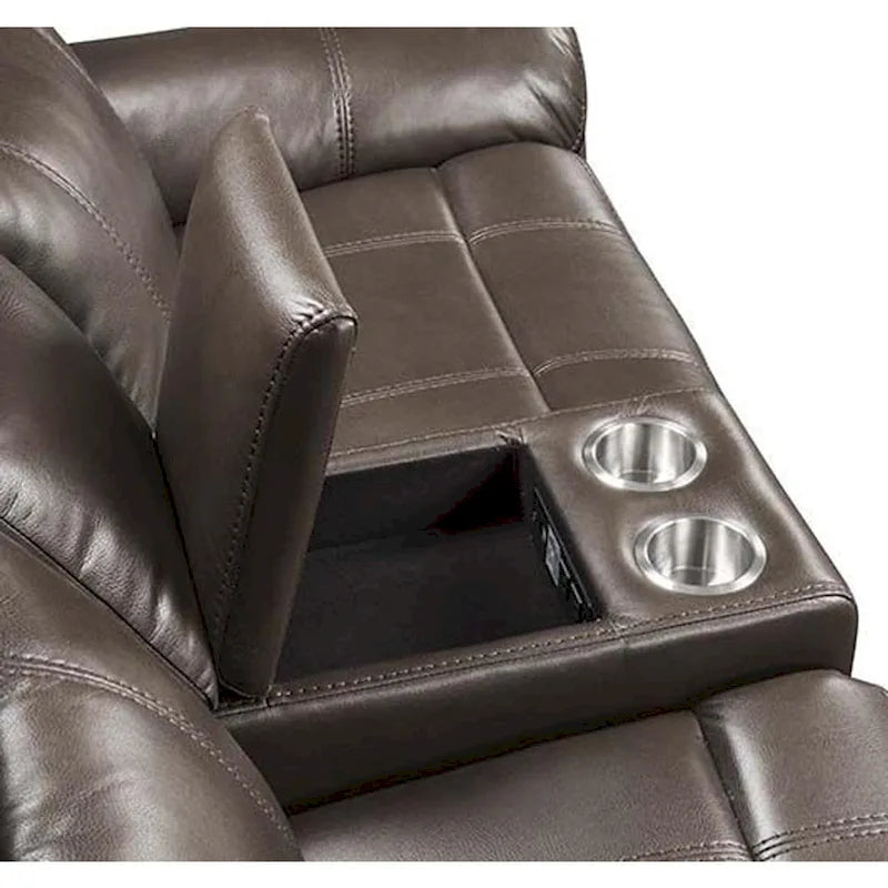 Leather Motion Loveseat with Console and USB Port in Brown