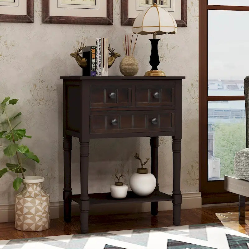 Narrow Console Table, Slim Sofa Table with Three Storage Drawers and Bottom Shelf - 23.7L x 13W x 31.1H