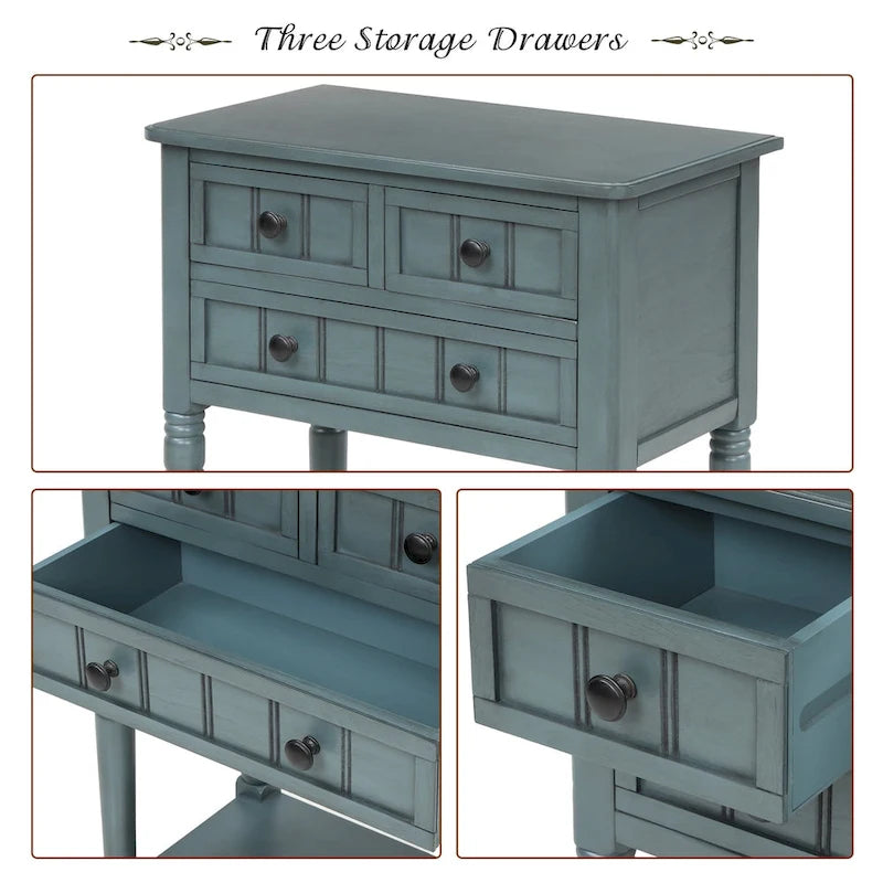 Narrow Console Table, Slim Sofa Table with Three Storage Drawers and Bottom Shelf - 23.7L x 13W x 31.1H