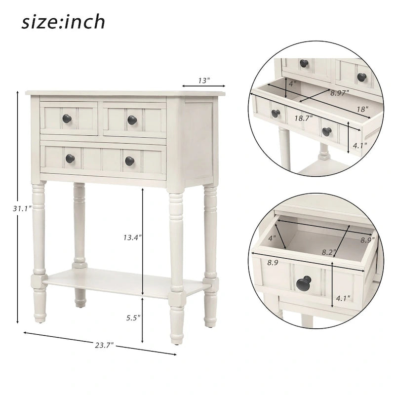 Narrow Console Table, Slim Sofa Table with Three Storage Drawers and Bottom Shelf - 23.7L x 13W x 31.1H