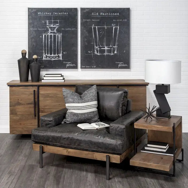 Maddox Medium Brown Solid Wood w/ Black Metal Frame C-Shaped End/Side Table