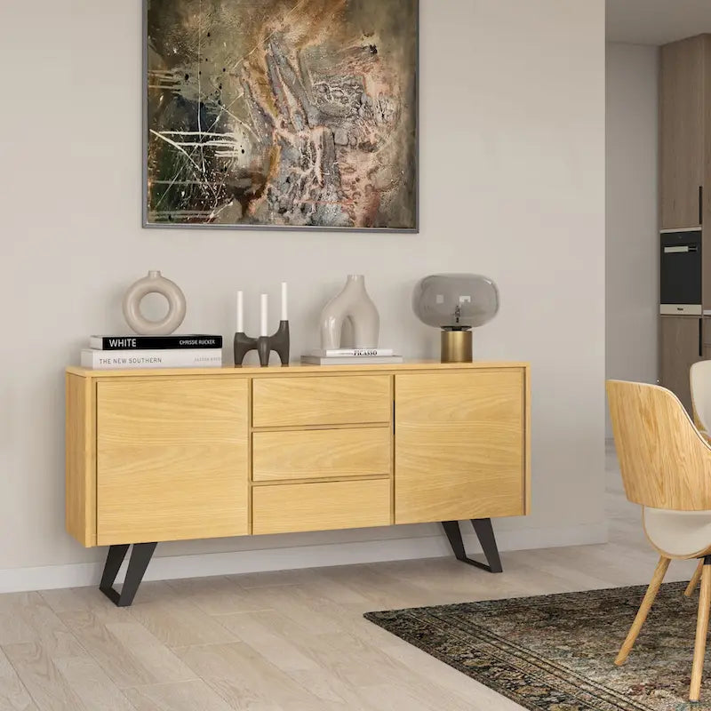 WYNDENHALL Mitchell Metal 60 inch Wide Rectangle Modern Industrial Sideboard Buffet in OAK WOOD - 60 x 17 x 30