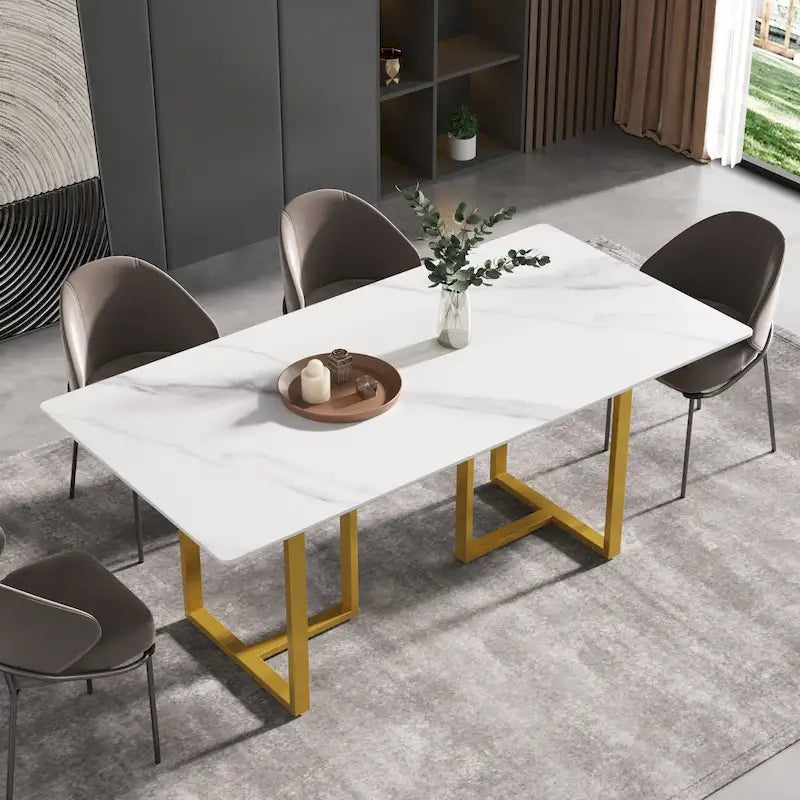 71 White Marble Dining Table for 6-8,Rectangular Tabletop and Triangular Carbon Steel Legs