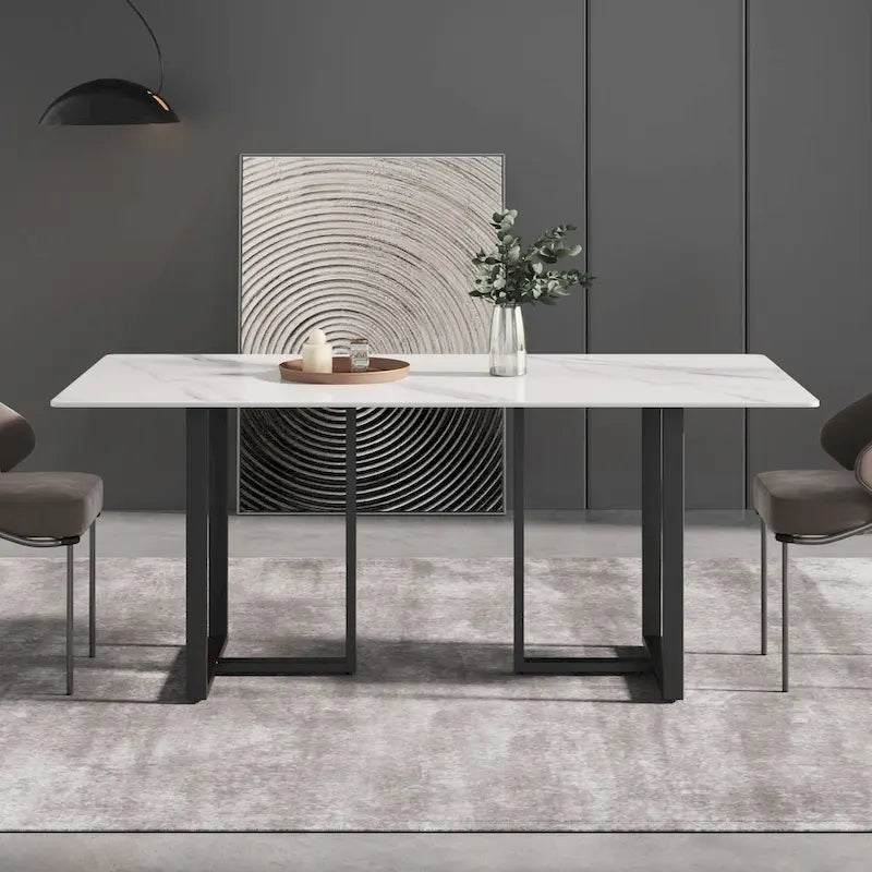 71 White Marble Dining Table for 6-8,Rectangular Tabletop and Triangular Carbon Steel Legs