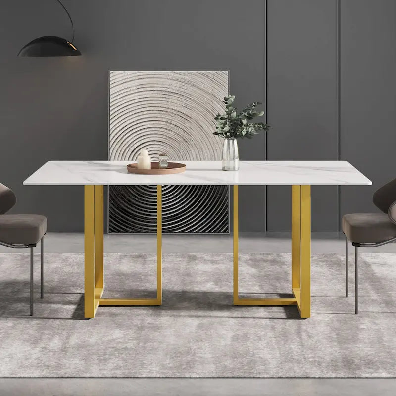 71 White Marble Dining Table for 6-8,Rectangular Tabletop and Triangular Carbon Steel Legs