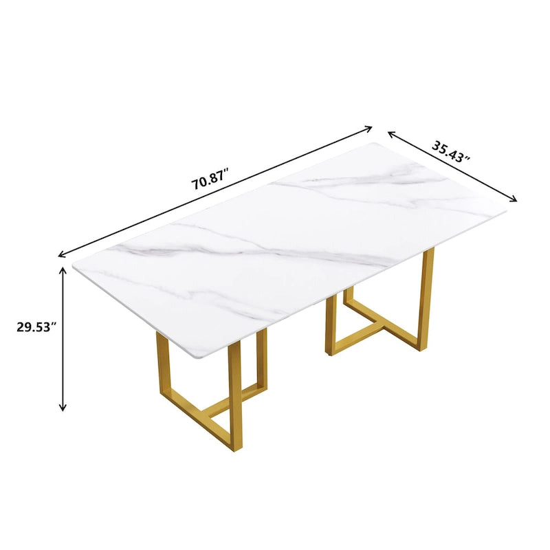 71 White Marble Dining Table for 6-8,Rectangular Tabletop and Triangular Carbon Steel Legs