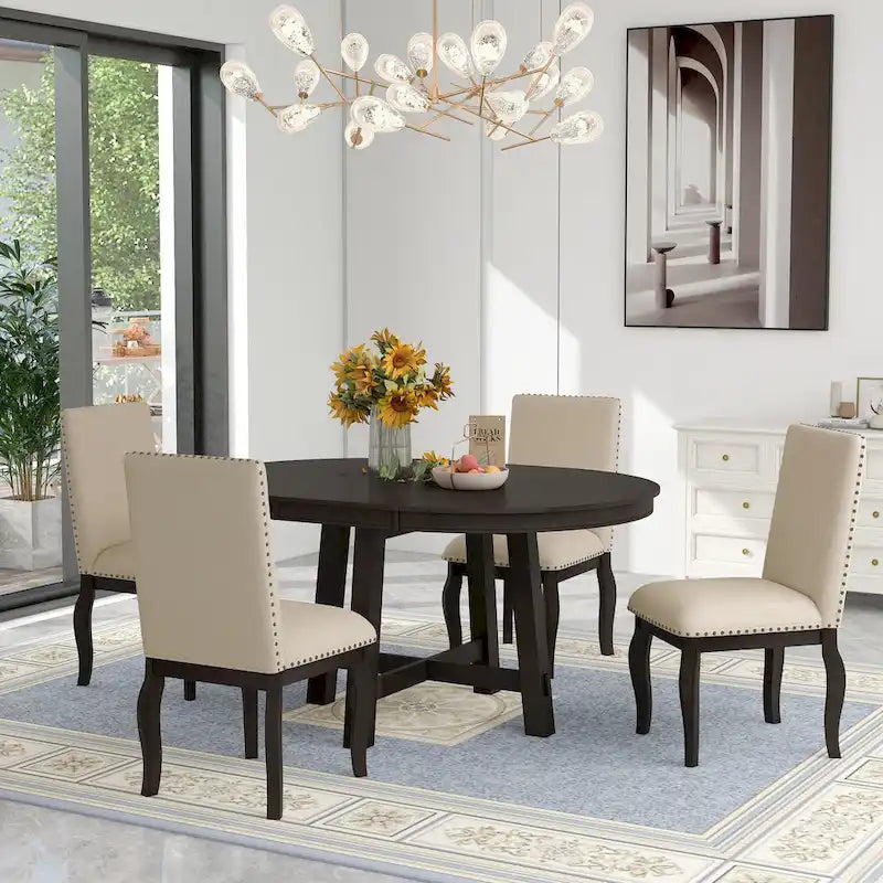 5-Piece Extendable Dining Table Set with Upholstered Chairs