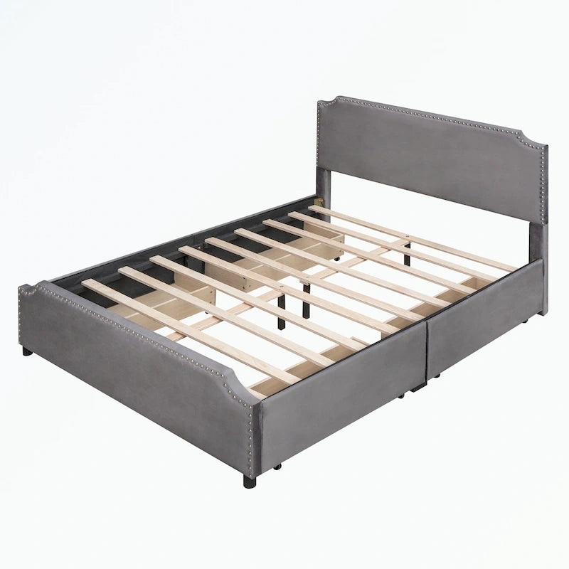 Upholstered Platform Bed with Stud Trim Headboard and Footboard