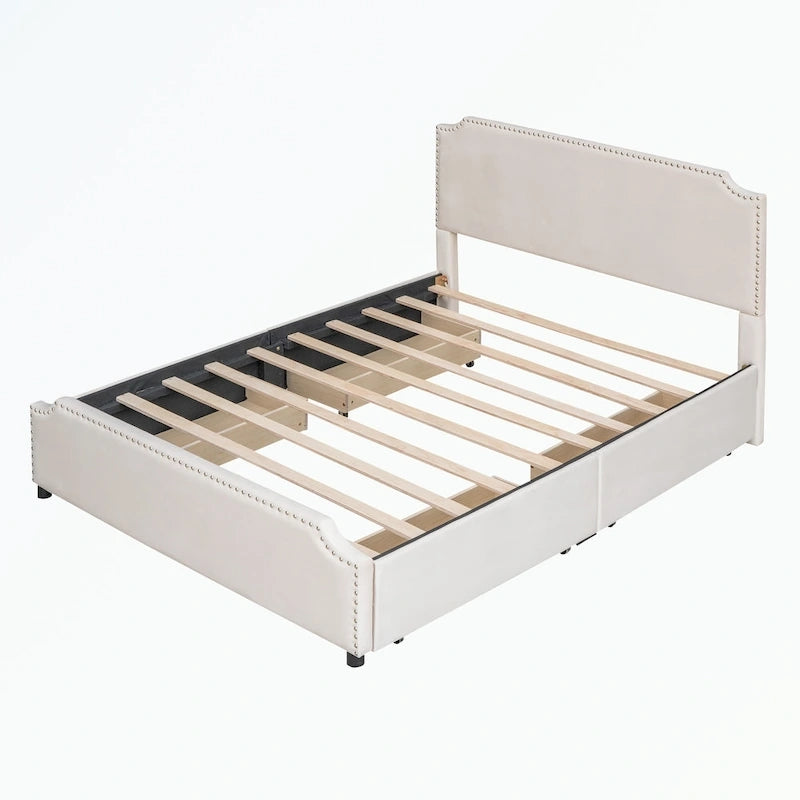 Upholstered Platform Bed with Stud Trim Headboard and Footboard
