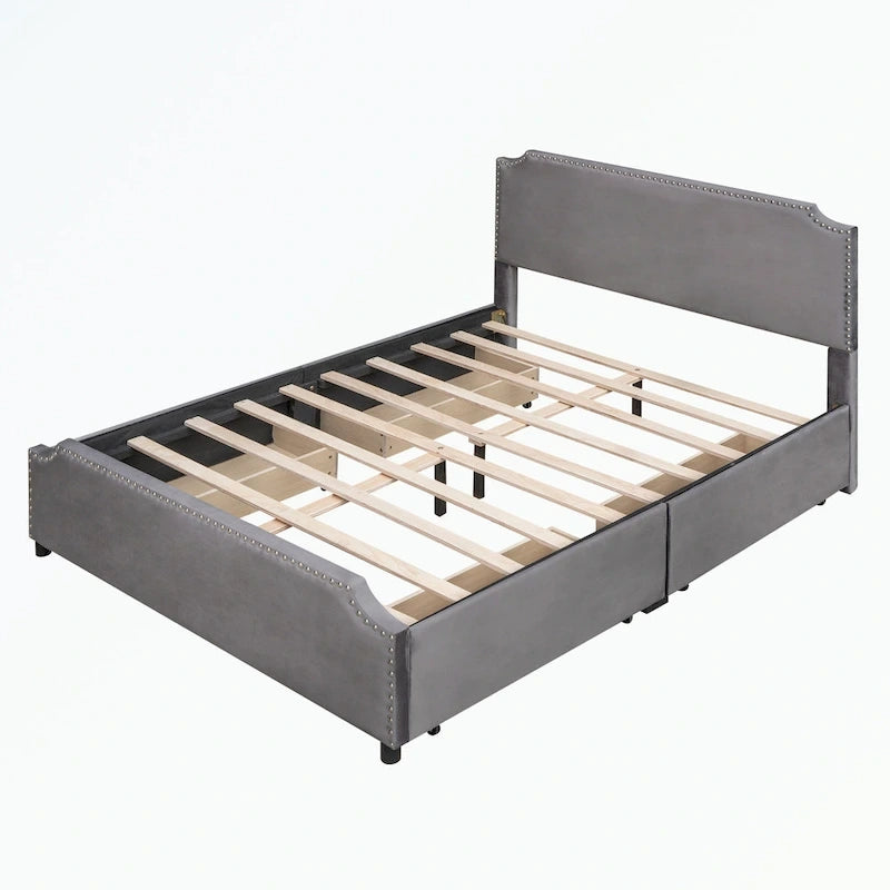 Upholstered Platform Bed with Stud Trim Headboard and Footboard