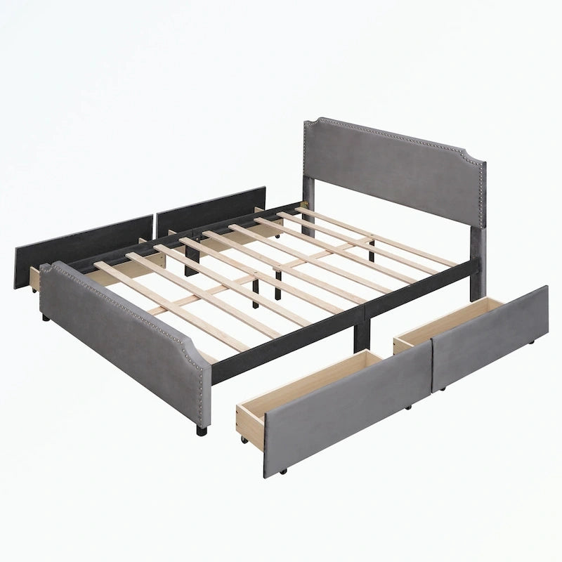 Upholstered Platform Bed with Stud Trim Headboard and Footboard