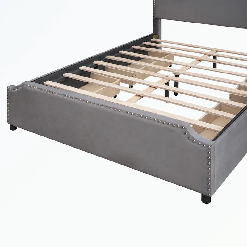 Upholstered Platform Bed with Stud Trim Headboard and Footboard