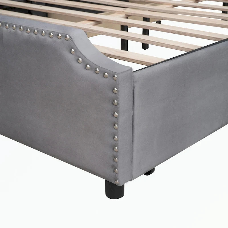 Upholstered Platform Bed with Stud Trim Headboard and Footboard
