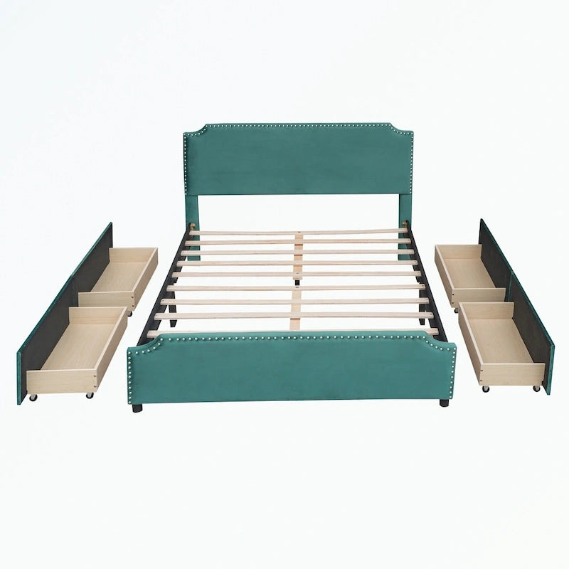 Upholstered Platform Bed with Stud Trim Headboard and Footboard