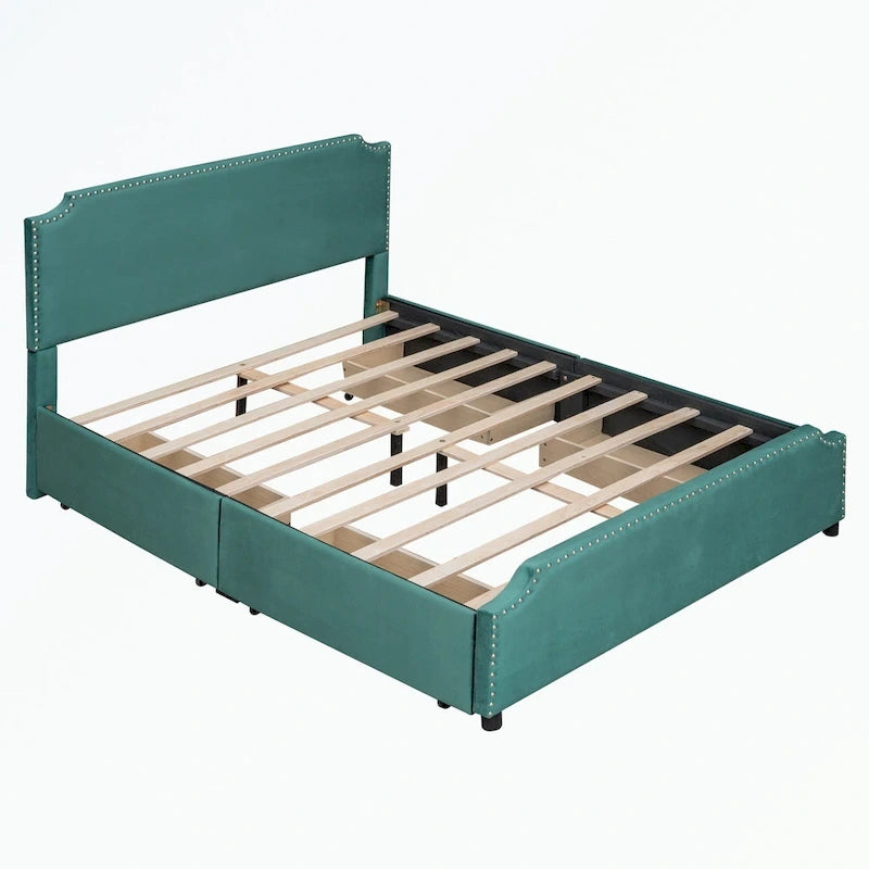 Upholstered Platform Bed with Stud Trim Headboard and Footboard