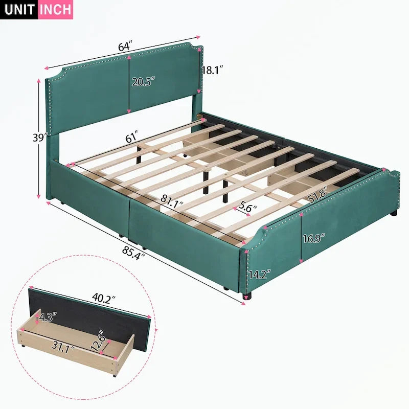 Upholstered Platform Bed with Stud Trim Headboard and Footboard