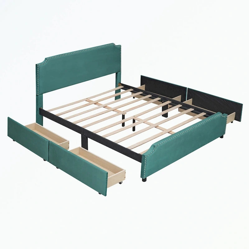 Upholstered Platform Bed with Stud Trim Headboard and Footboard