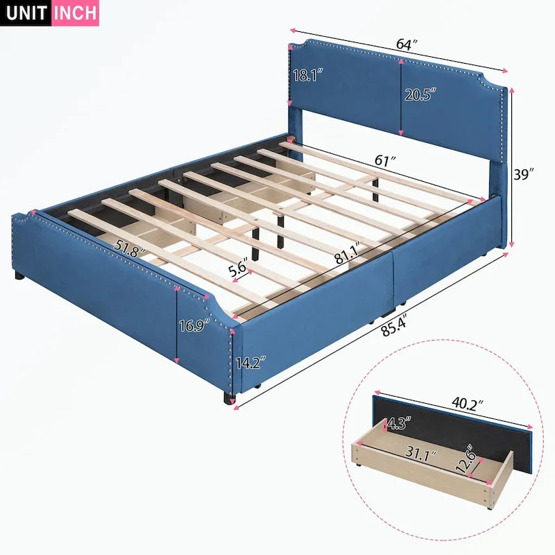 Upholstered Platform Bed with Stud Trim Headboard and Footboard