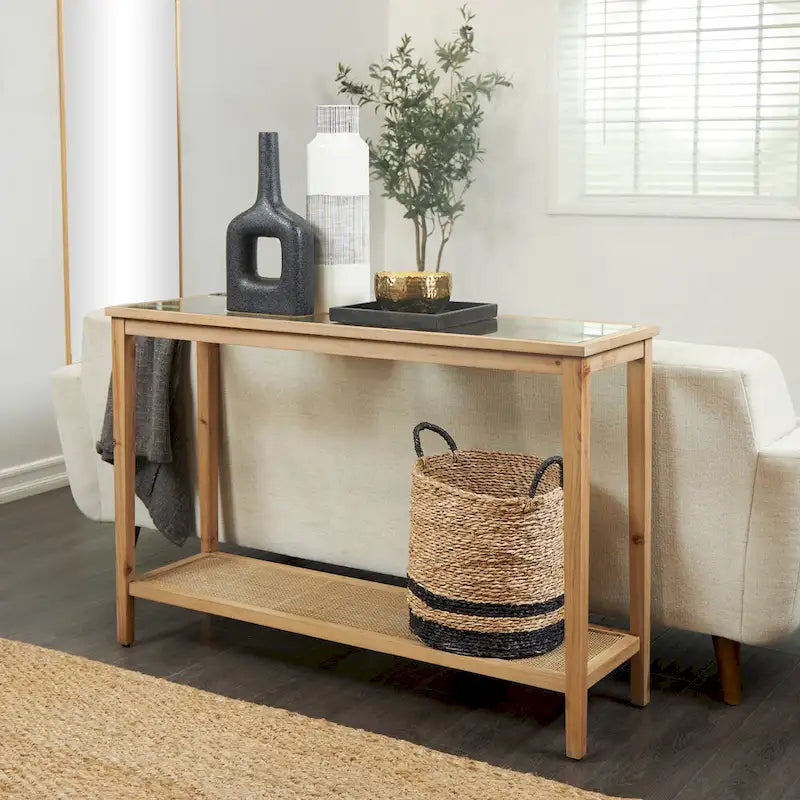 Wood Slim Natural 1 Shelf Console Table with Glass Top and Rattan Shelf - Brown - Roche River Decor - 14Wx47Lx32H