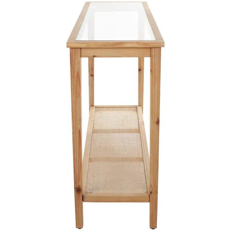 Wood Slim Natural 1 Shelf Console Table with Glass Top and Rattan Shelf - Brown - Roche River Decor - 14Wx47Lx32H