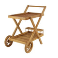 Teak Wood Indoor Outdoor Rolling 2 Shelves Bar Cart with Wheels and Handle - Brown - Roche River Decor - 21W x 32L x 32H