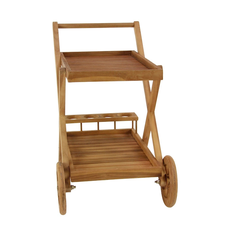 Teak Wood Indoor Outdoor Rolling 2 Shelves Bar Cart with Wheels and Handle - Brown - Roche River Decor - 21W x 32L x 32H