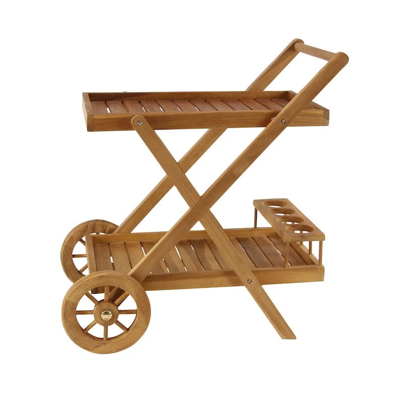 Teak Wood Indoor Outdoor Rolling 2 Shelves Bar Cart with Wheels and Handle - Brown - Roche River Decor - 21W x 32L x 32H