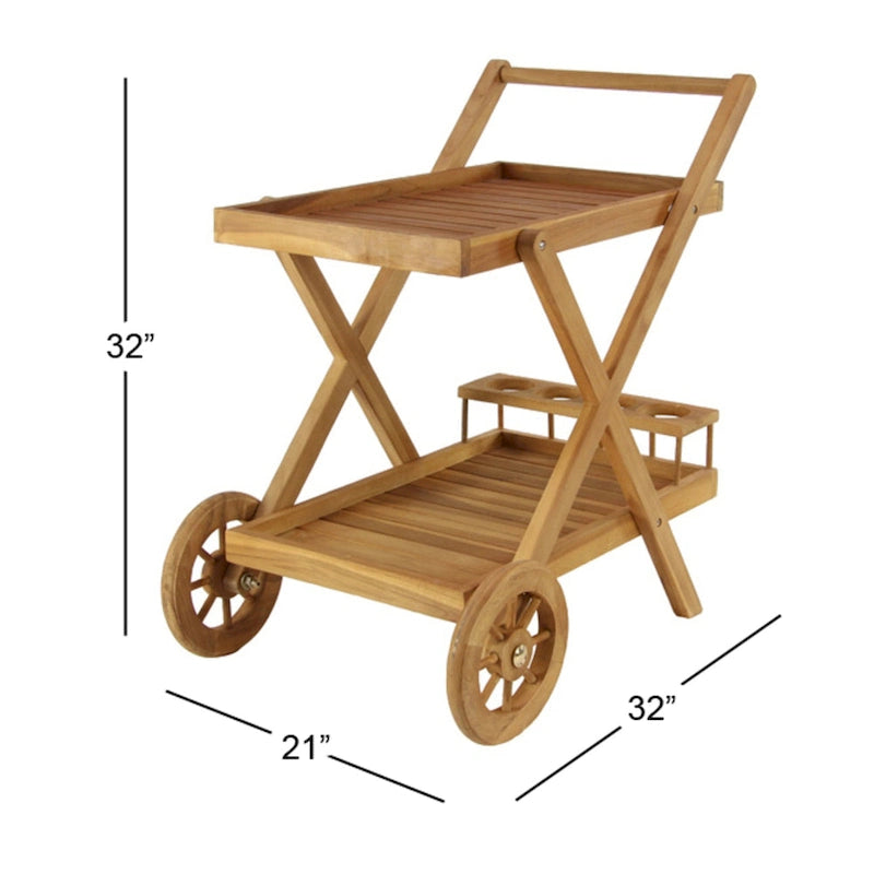 Teak Wood Indoor Outdoor Rolling 2 Shelves Bar Cart with Wheels and Handle - Brown - Roche River Decor - 21W x 32L x 32H