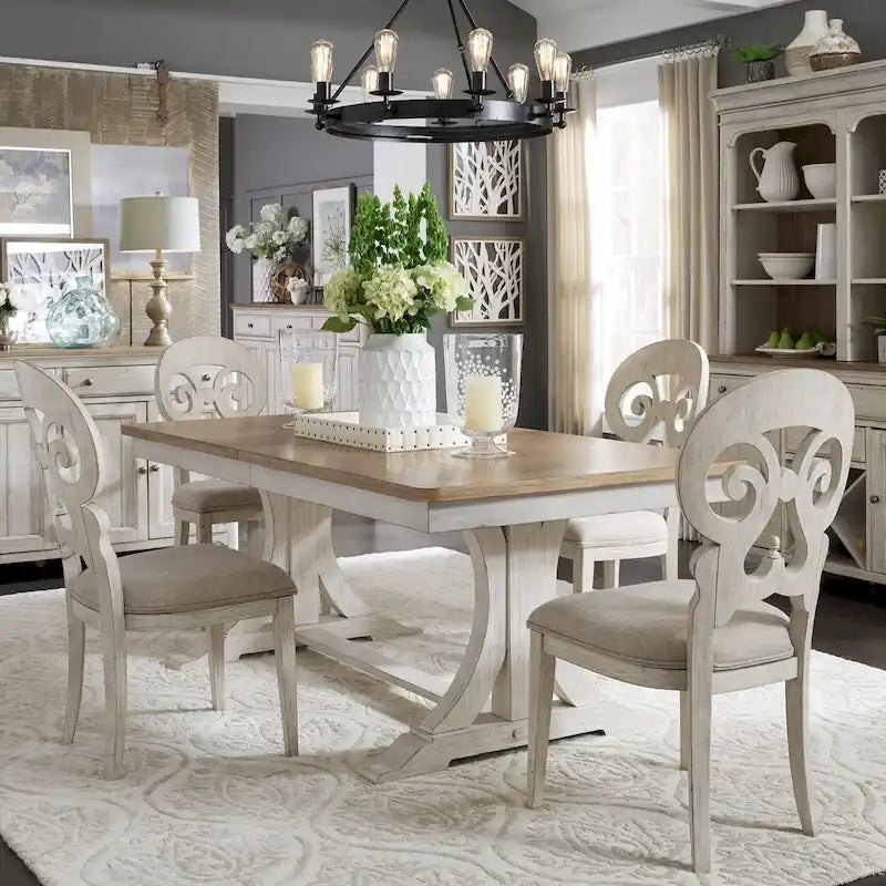 Farmhouse Reimagined Antique White with Chestnut Trestle Table